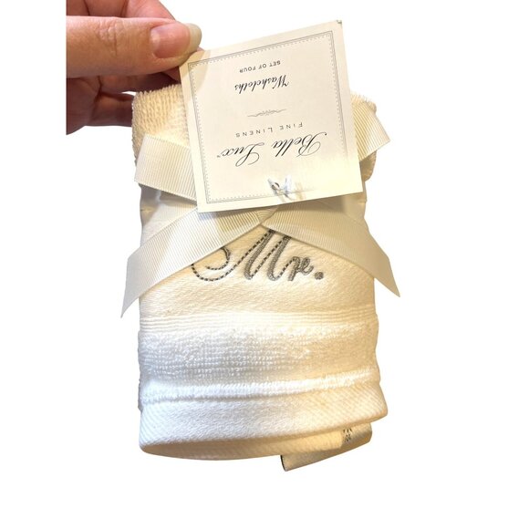 Mr. & Mrs. Embroidered White Cotton Washcloths Set Of 4 Bella Lux Fine Linens - Picture 1 of 4